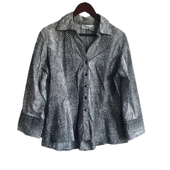 Harve Benard Women Top Collar Long Sleeve Button Up XL Black‎ White Animal Print - Picture 1 of 11